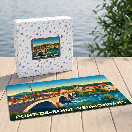 Puzzle souvenir de la ville de Pont-de-Roide-Vermondans avec une illustration stylisée de son pont.