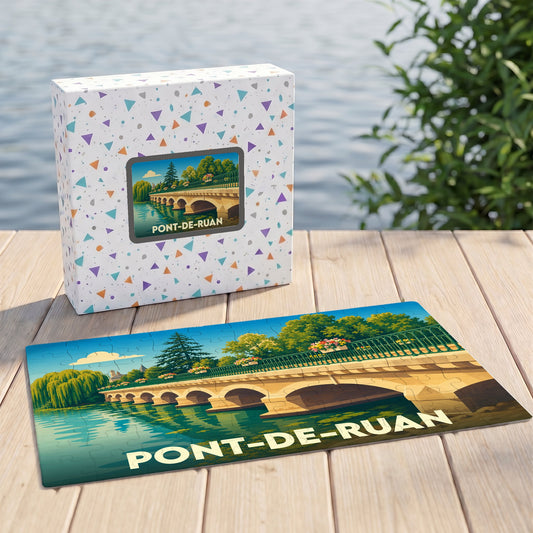 Puzzle souvenir de la ville de Pont-de-Ruan avec une illustration stylisée d'un pont de pierre.