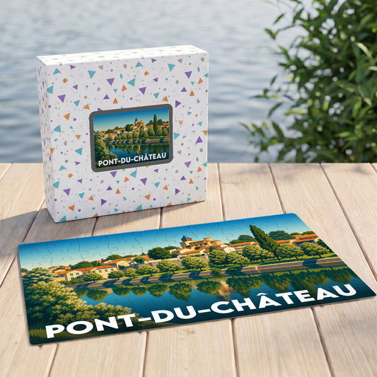 Puzzle souvenir de la ville de Pont-du-Château avec une illustration stylisée et colorée.