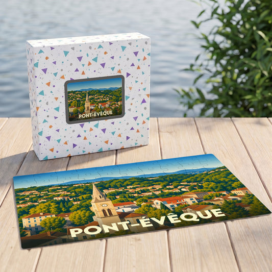 Puzzle souvenir de la ville de Pont-Évêque présentant une illustration stylisée et colorée de son paysage urbain.