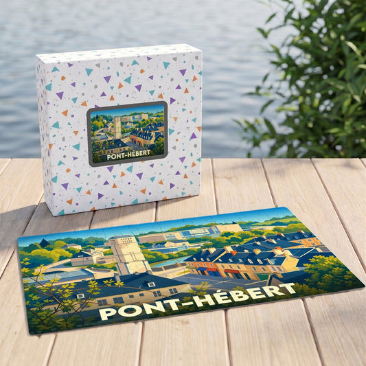 Puzzle souvenir de la ville de Pont-Hébert avec une illustration stylisée et colorée.
