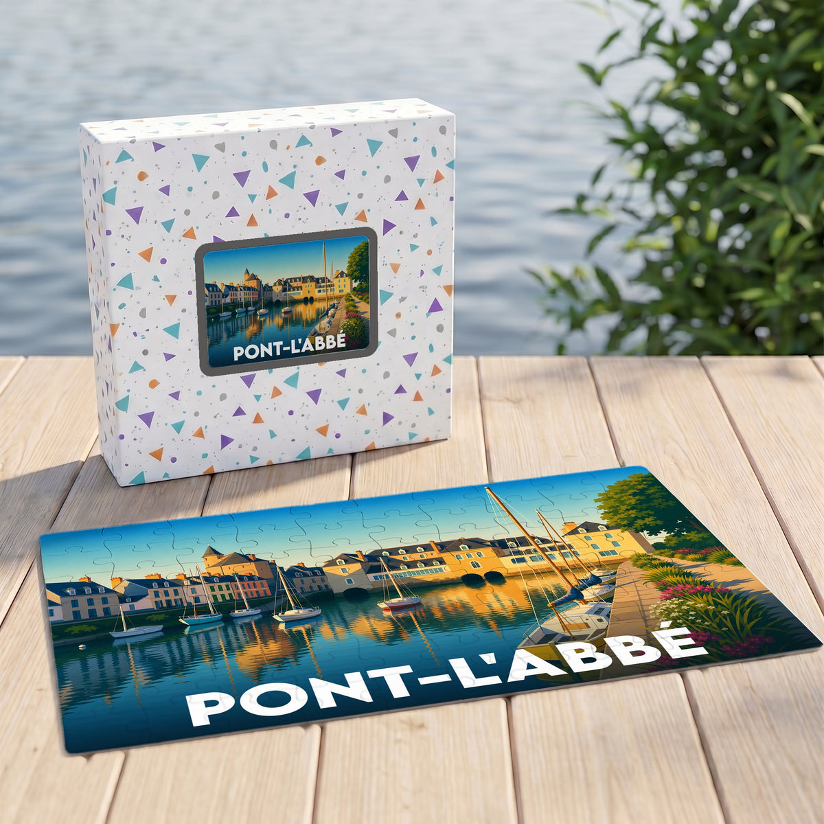 Puzzle souvenir de la ville de Pont-l'Abbé avec une illustration stylisée et colorée de son port.