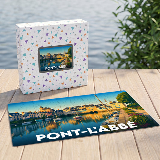 Puzzle souvenir de la ville de Pont-l'Abbé avec une illustration stylisée et colorée de son port.