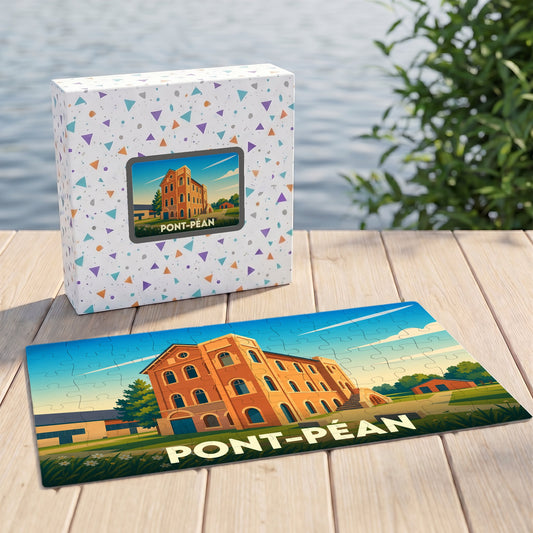 Puzzle souvenir de la ville de Pont-Péan avec une illustration stylisée d'un bâtiment historique.