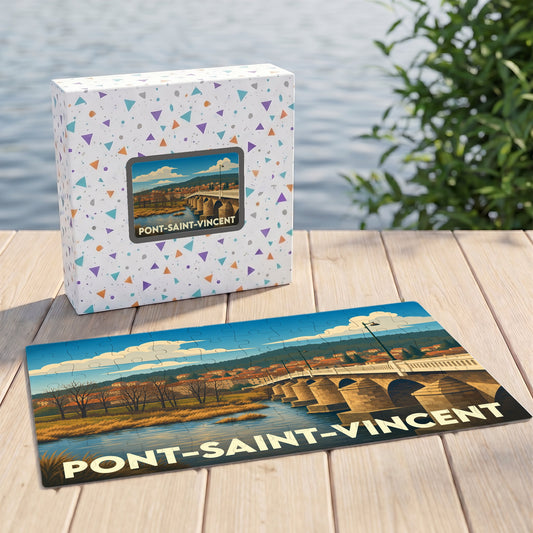 Puzzle souvenir de la ville de Pont-Saint-Vincent illustrant son pont et ses paysages dans un style vintage.