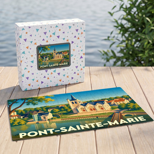 Puzzle souvenir de la ville de Pont-Sainte-Marie avec une illustration stylisée et colorée.