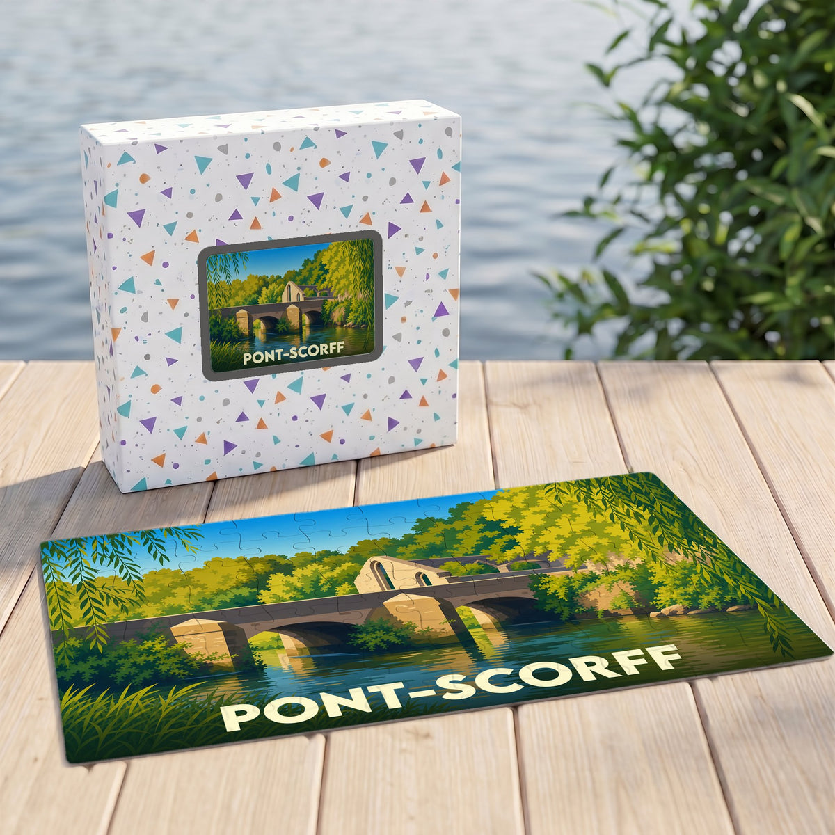 Puzzle souvenir de la ville de Pont-Scorff avec une illustration stylisée d'un pont en pierre.