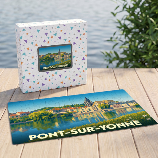 Puzzle souvenir de la ville de Pont-sur-Yonne avec une illustration stylisée des bords de l'Yonne.