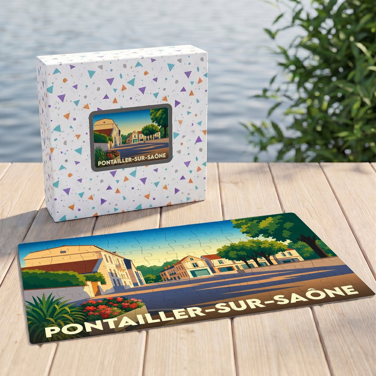Puzzle souvenir de la ville de Pontailler-sur-Saône avec une illustration stylisée et colorée.
