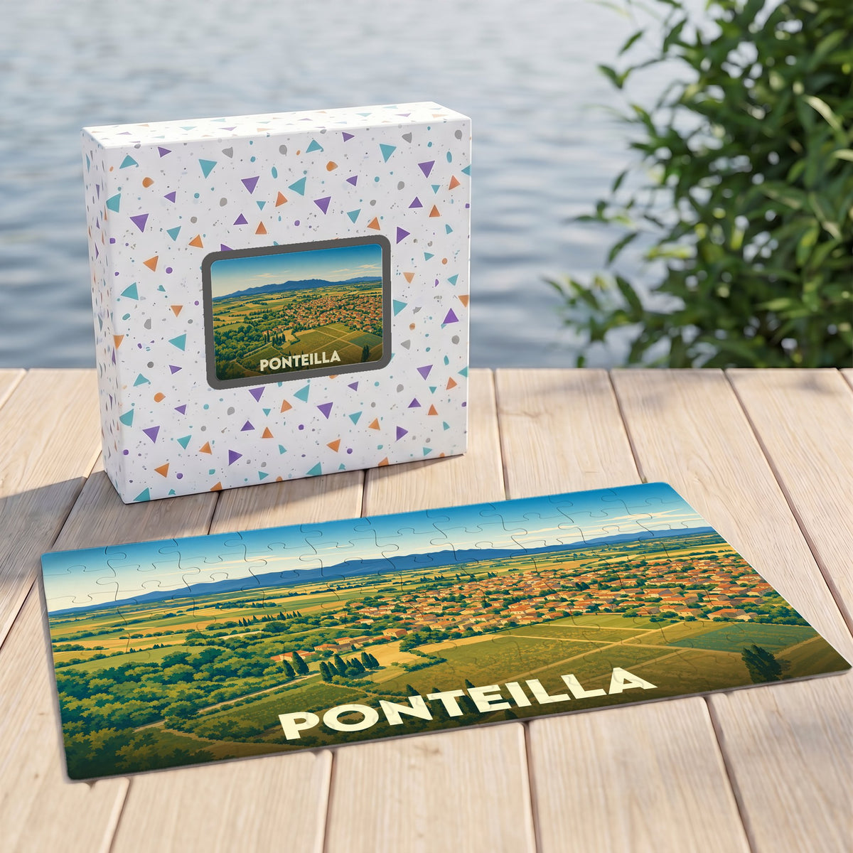 Puzzle souvenir de la ville de Ponteilla avec une illustration panoramique stylisée de ses paysages.