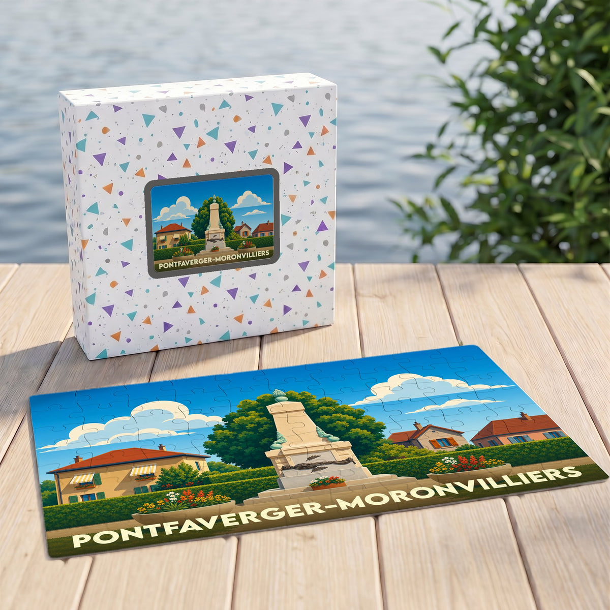 Puzzle souvenir de la ville de Pontfaverger-Moronvilliers avec une illustration colorée et stylisée de son monument.