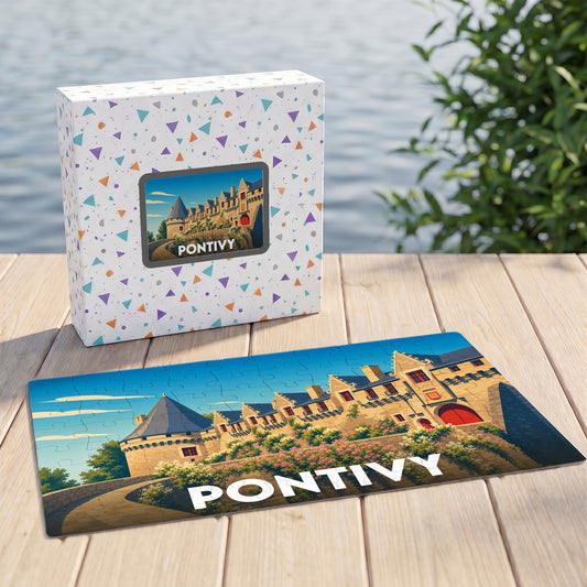 Puzzle souvenir de la ville de Pontivy avec une illustration stylisée du château, présenté devant sa boîte sur un ponton en bois.