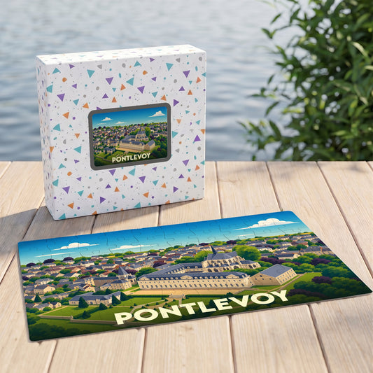 Puzzle souvenir de la ville de Pontlevoy avec une illustration stylisée et colorée.
