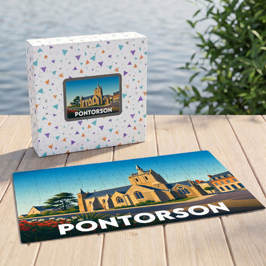 Puzzle souvenir de la ville de Pontorson avec une illustration stylisée d'une église.