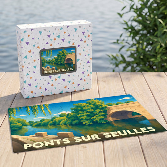 Puzzle souvenir de la ville de Ponts sur Seulles avec une illustration stylisée d'un pont en bord de rivière.