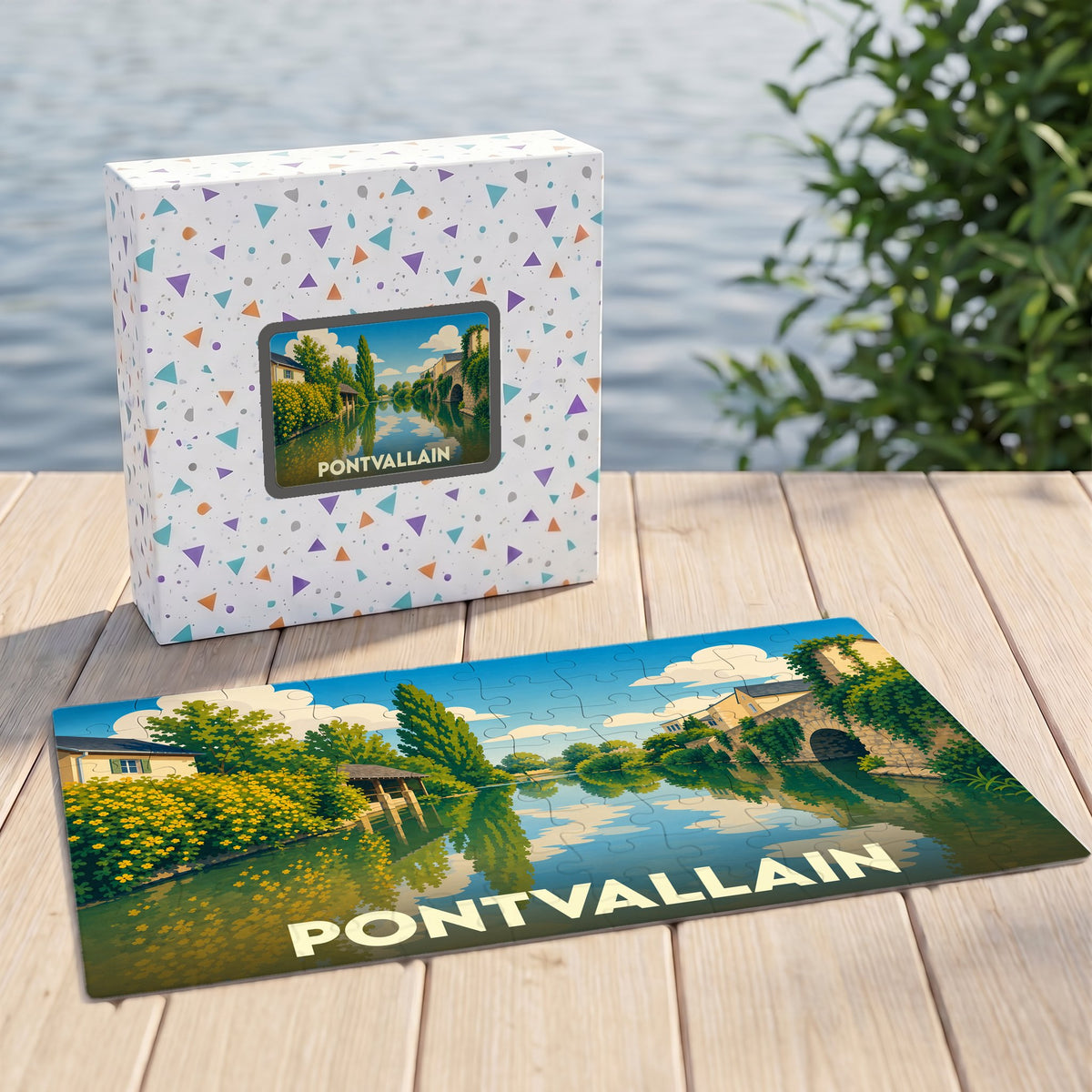 Puzzle souvenir de la ville de Pontvallain avec une illustration stylisée d'un paysage fluvial.