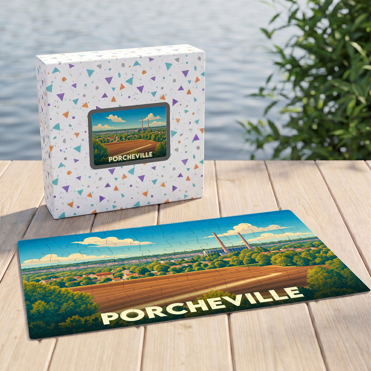 Puzzle souvenir de la ville de Porcheville illustrant un paysage champêtre avec ses cheminées emblématiques.