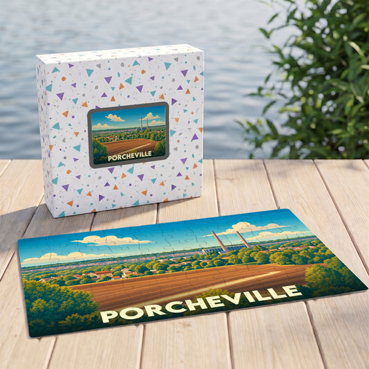 Puzzle souvenir de la ville de Porcheville illustrant un paysage champêtre avec ses cheminées emblématiques.