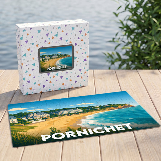 Puzzle souvenir de la ville de Pornichet avec une illustration stylisée de sa plage et de son front de mer.