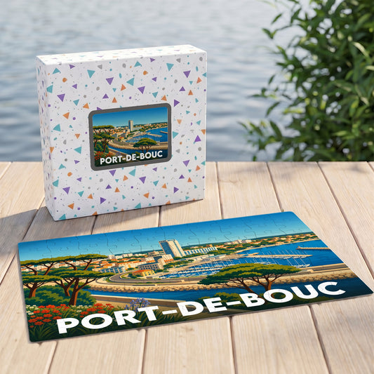 Puzzle souvenir de la ville de Port-de-Bouc avec une illustration stylisée et colorée de son port.