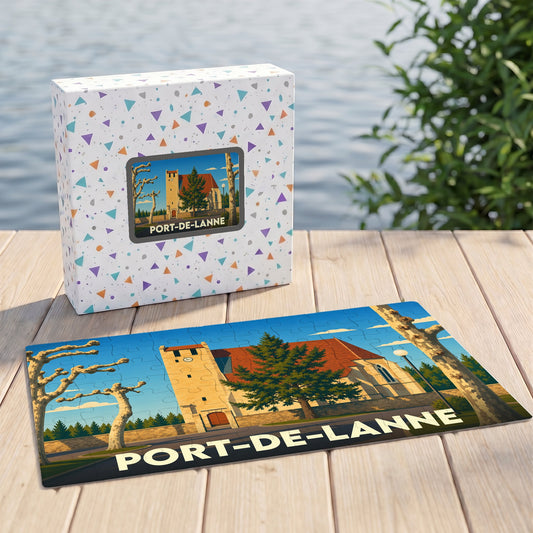 Puzzle souvenir de la ville de Port-de-Lanne avec une illustration stylisée de son église.