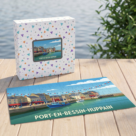 Puzzle souvenir de la ville de Port-en-Bessin-Huppain avec une illustration stylisée de son port.