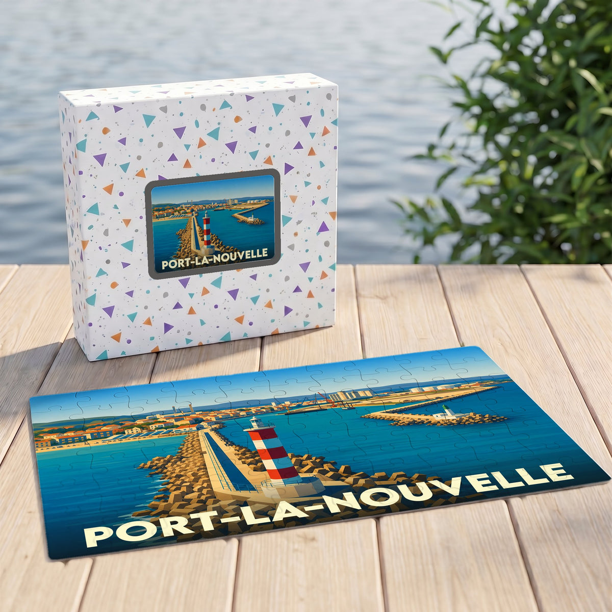 Puzzle souvenir de la ville de Port-la-Nouvelle représentant son phare et son port avec une illustration stylisée.