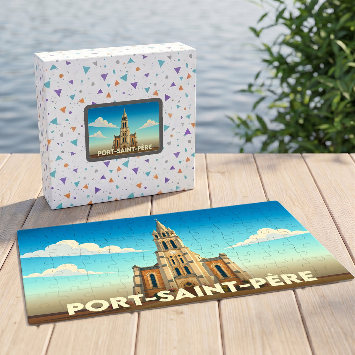 Puzzle souvenir de la ville de Port-Saint-Père représentant son église dans un style illustré.