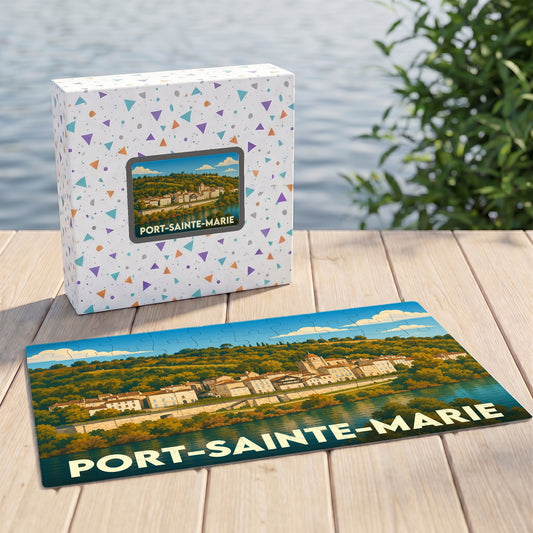 Puzzle souvenir de la ville de Port-Sainte-Marie avec une illustration stylisée et colorée.