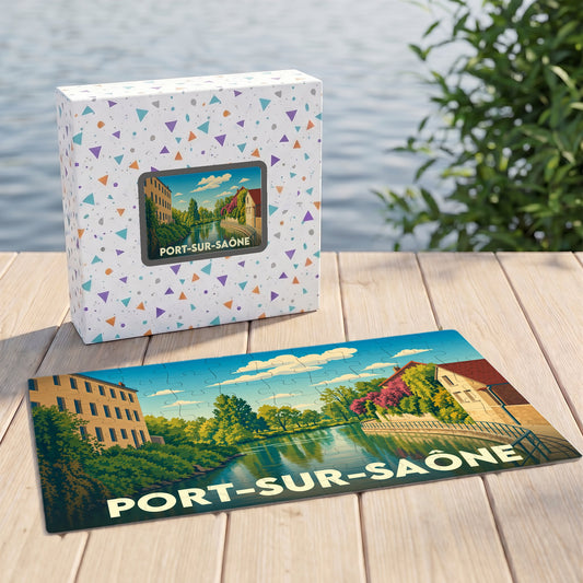 Puzzle souvenir de la ville de Port-sur-Saône avec une illustration stylisée et colorée.