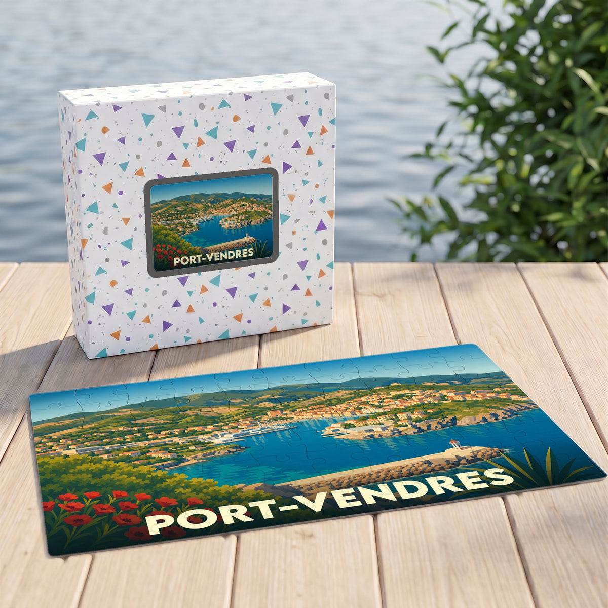 Puzzle souvenir de la ville de Port-Vendres avec une illustration stylisée d'un port méditerranéen.