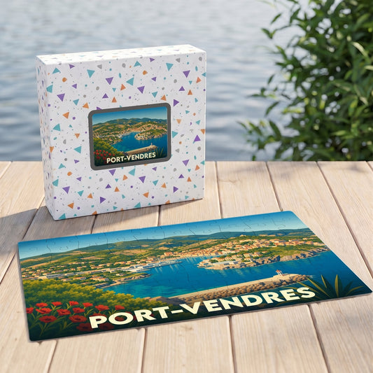 Puzzle souvenir de la ville de Port-Vendres avec une illustration stylisée.