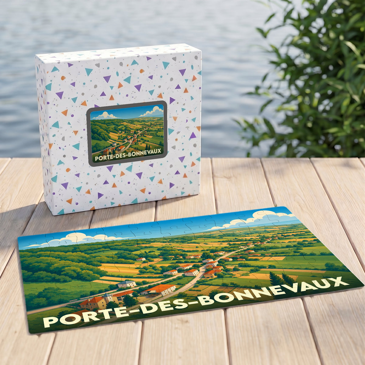 Puzzle souvenir de la ville de Porte-des-Bonnevaux représentant un paysage rural illustré.