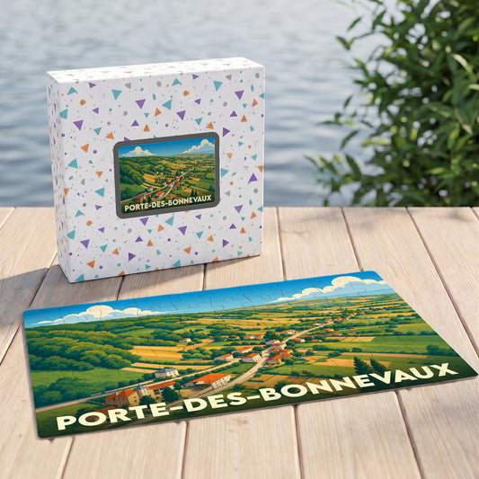 Puzzle souvenir de la ville de Porte-des-Bonnevaux représentant un paysage rural illustré.