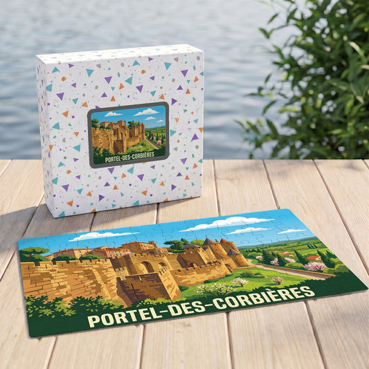 Puzzle souvenir de la ville de Portel-des-Corbières avec une illustration stylisée de ses remparts.