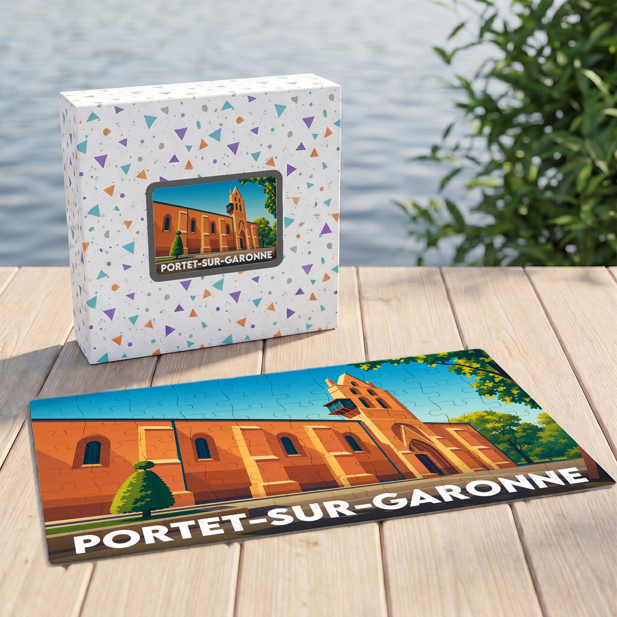 Puzzle souvenir de la ville de Portet-sur-Garonne avec une illustration stylisée de son église en briques.