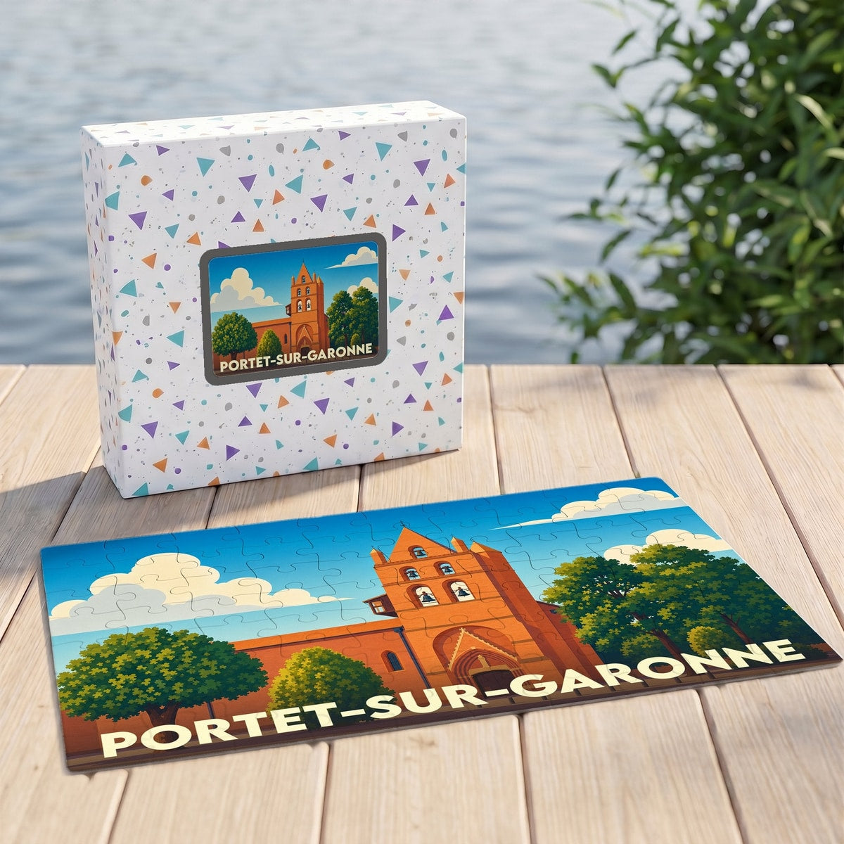 Puzzle souvenir de la ville de Portet-sur-Garonne avec une illustration stylisée de son église.