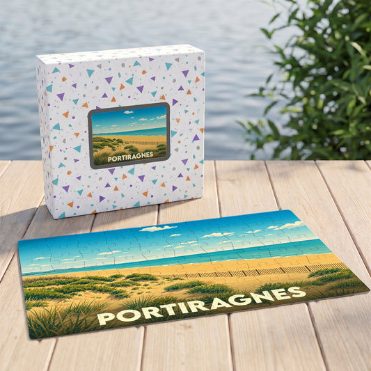 Puzzle souvenir de la ville de Portiragnes avec une illustration stylisée de sa plage et de ses dunes.
