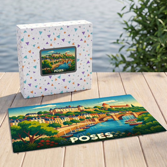 Puzzle souvenir de la ville de Poses avec une illustration stylisée d'un paysage fluvial.