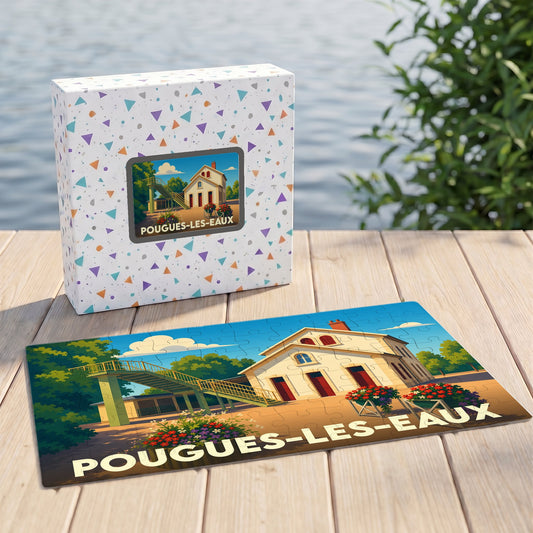 Puzzle souvenir de la ville de Pougues-les-Eaux avec son illustration stylisée et sa boîte assortie.