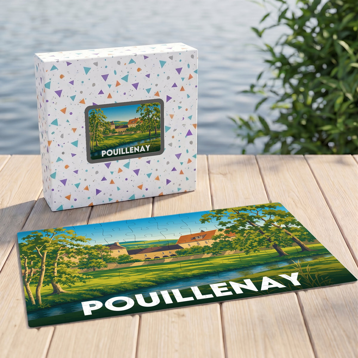 Puzzle souvenir de la ville de Pouillenay avec une illustration paysagère stylisée.