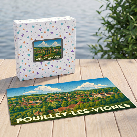 Puzzle souvenir de la ville de Pouilley-les-Vignes illustré par une vue panoramique stylisée du village.