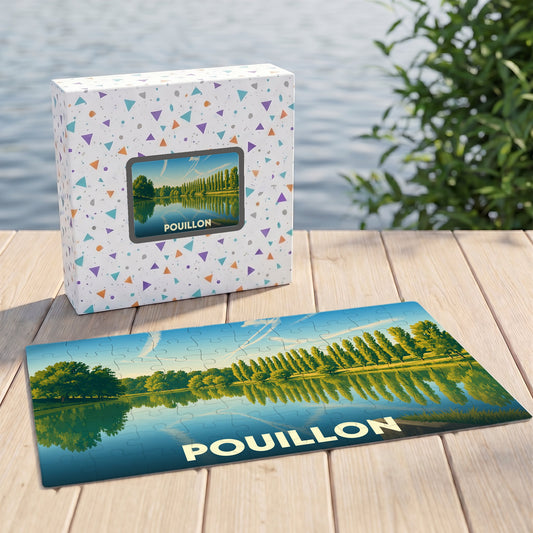 Puzzle souvenir de la ville de Pouillon avec une illustration de paysage lacustre.
