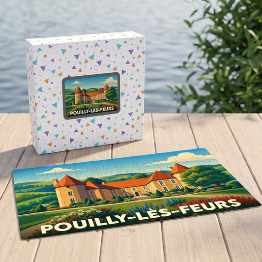 Puzzle souvenir de la ville de Pouilly-lès-Feurs avec une illustration stylisée d'un château.