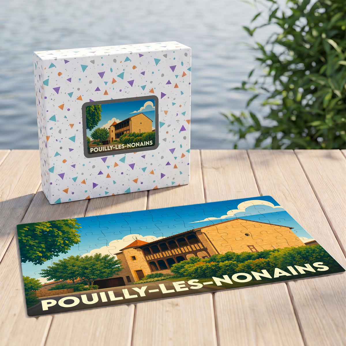 Puzzle souvenir de la ville de Pouilly-les-Nonains avec une illustration stylisée de son patrimoine architectural.