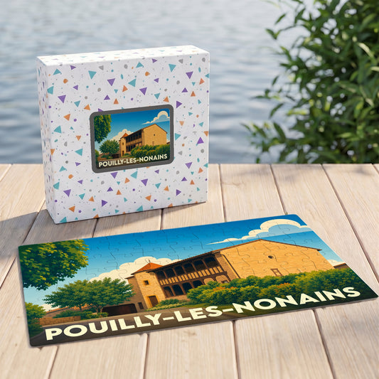 Puzzle souvenir de la ville de Pouilly-les-Nonains avec une illustration stylisée de son patrimoine architectural.