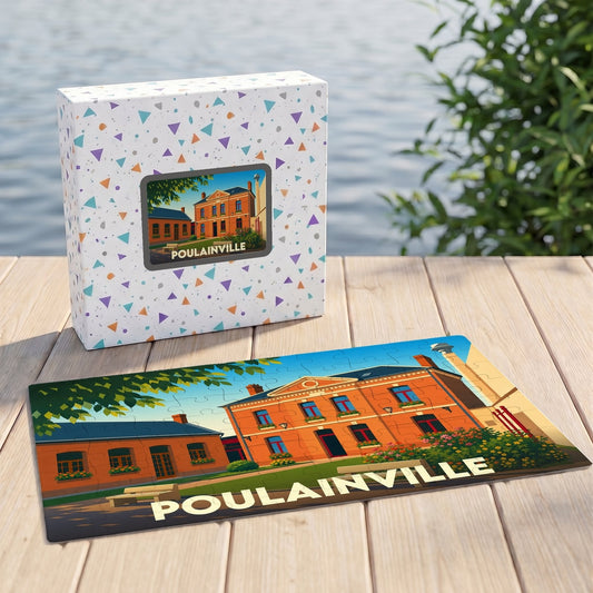 Puzzle souvenir de la ville de Poulainville avec une illustration stylisée d'un bâtiment en briques rouges.