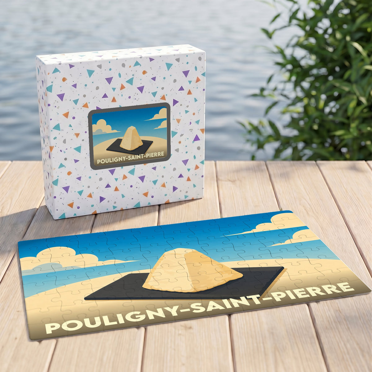 Puzzle souvenir de la ville de Pouligny-Saint-Pierre avec une illustration stylisée.