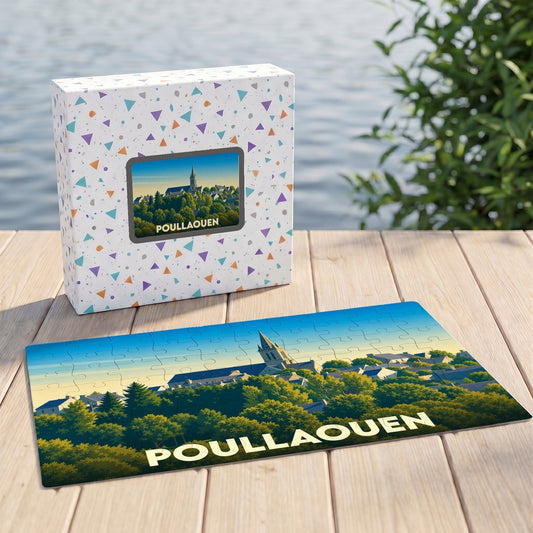Puzzle souvenir de la ville de Poullaouen avec une illustration stylisée d'un paysage urbain verdoyant.