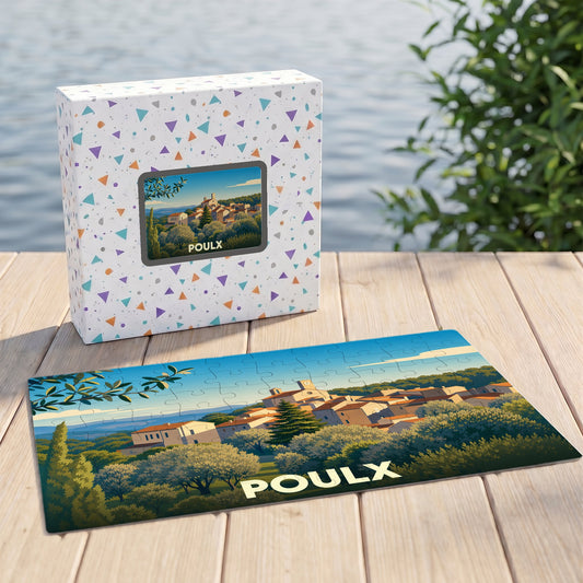 Puzzle souvenir de la ville de Poulx avec une illustration de paysage de style rétro.